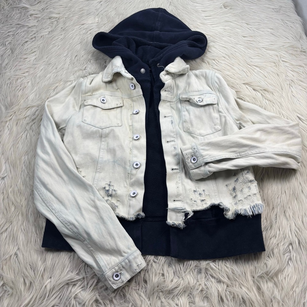 Free People Women's XS Faux Layered Denim Jacket Alt Grunge Boho Artsy Hooded